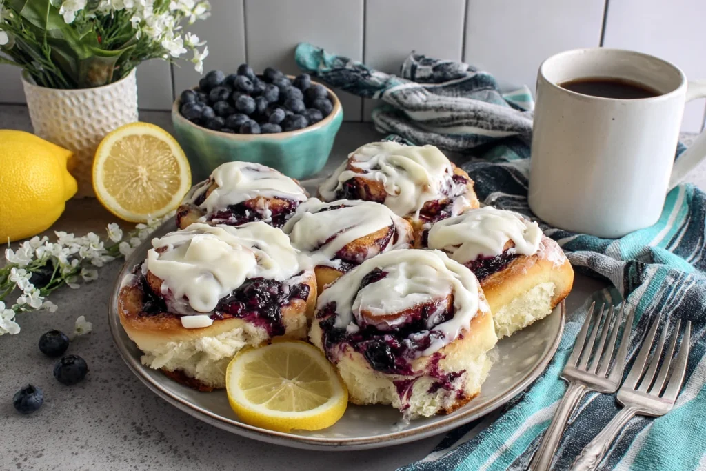 Freshly baked Sourdough Discard Lemon Blueberry Rolls served with coffee and fresh lemons