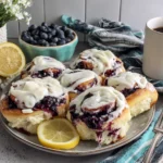 Freshly baked Sourdough Discard Lemon Blueberry Rolls served with coffee and fresh lemons