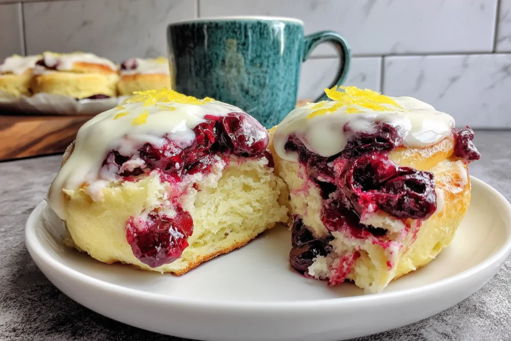 Sourdough Discard Lemon Blueberry Rolls with creamy glaze and juicy blueberry filling close-up