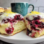 Sourdough Discard Lemon Blueberry Rolls with creamy glaze and juicy blueberry filling close-up