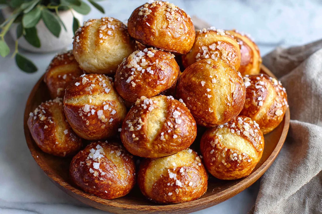 Sourdough Discard Pretzel Bites piled in bowl with coarse salt topping