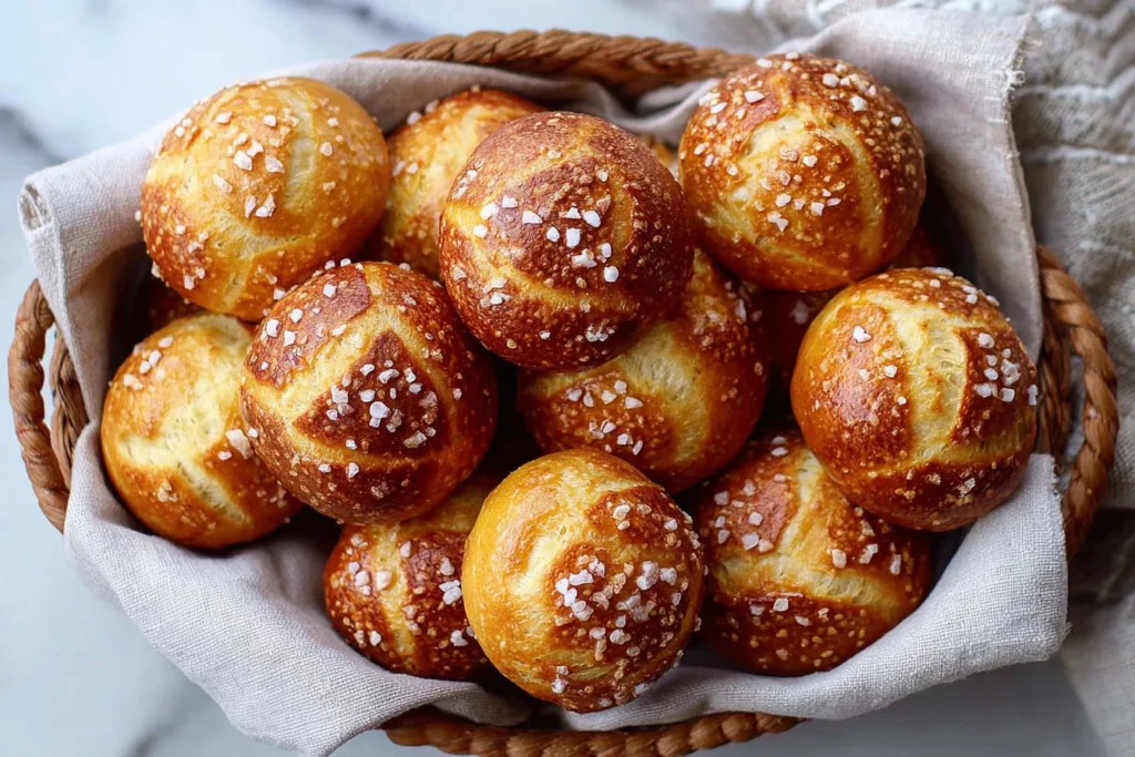 Sourdough Discard Pretzel Bites golden brown with flaky salt in wooden bowl