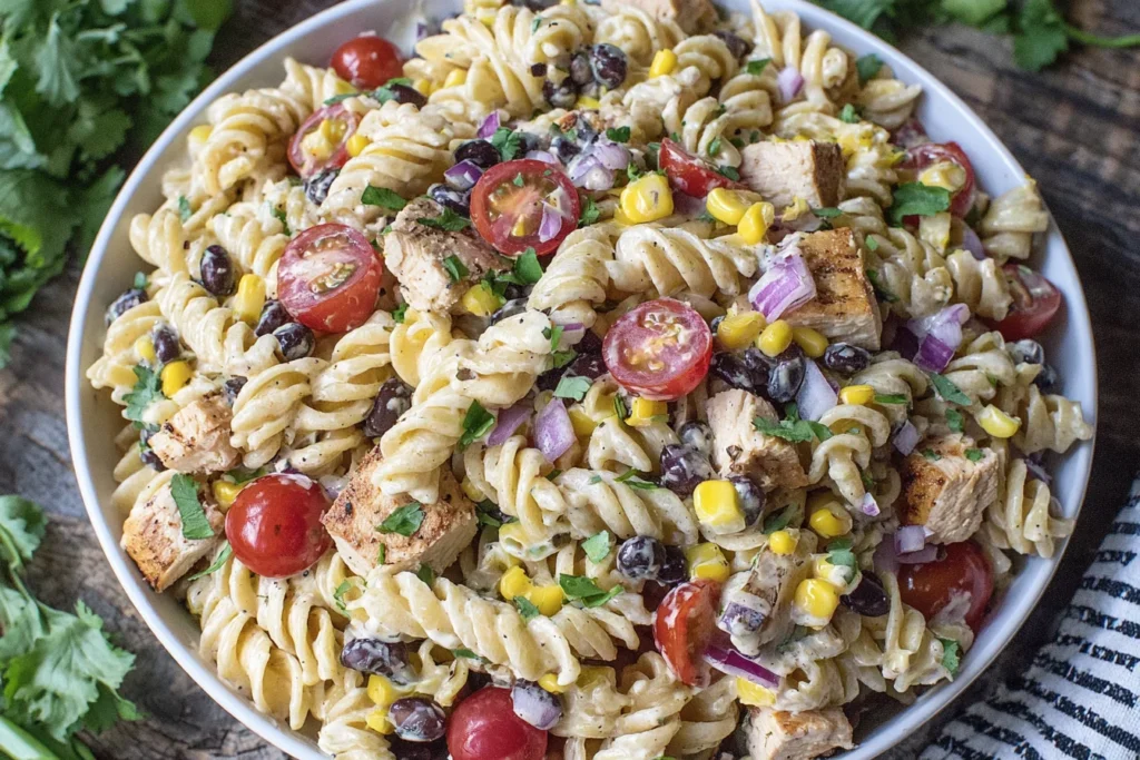 Creamy Southwest Pasta Salad with chicken, black beans, corn, and cherry tomatoes