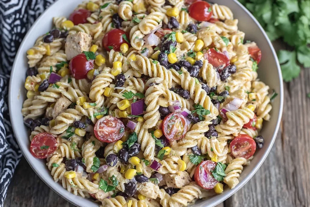 Fresh Southwest Pasta Salad with rotini, black beans, corn, tomatoes, and cilantro