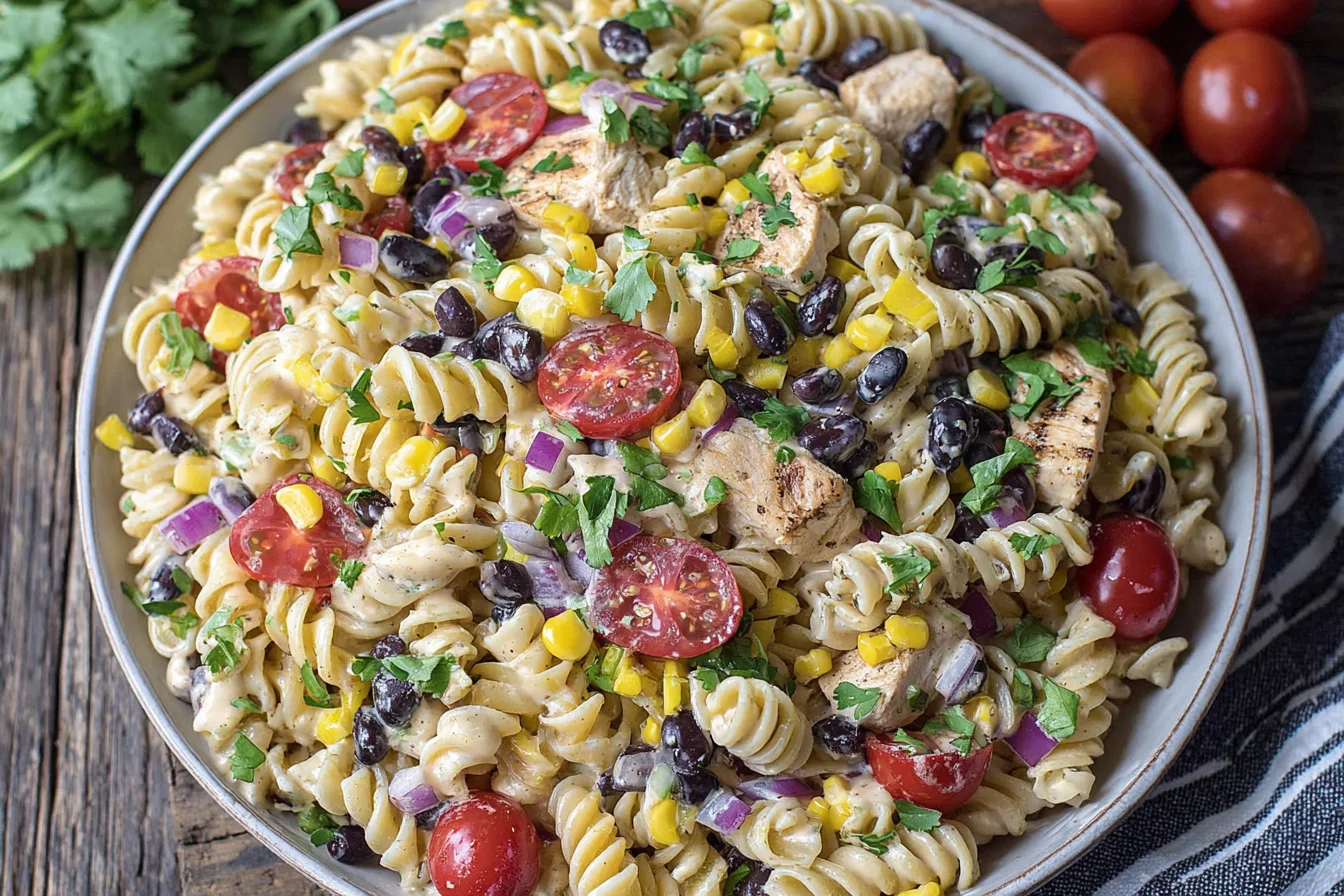 Southwest Pasta Salad with grilled chicken, black beans, corn, and cherry tomatoes in creamy dressing