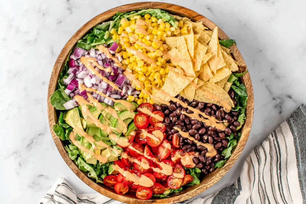 Fresh Southwest Salad with avocado, corn, black beans, tomatoes, and tortilla chips