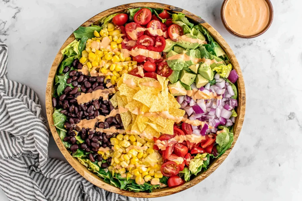 Southwest Salad with black beans, corn, avocado, tomatoes, and chipotle dressing in a wooden bowl