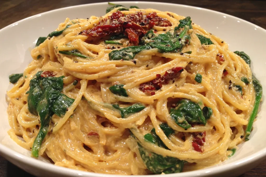 Close-up of Spaghetti & Spinach with Sun-Dried Tomato Cream Sauce showing creamy texture and sun-dried tomato pieces