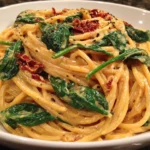 Spaghetti & Spinach with Sun-Dried Tomato Cream Sauce served in a white bowl with creamy parmesan sauce and fresh spinach