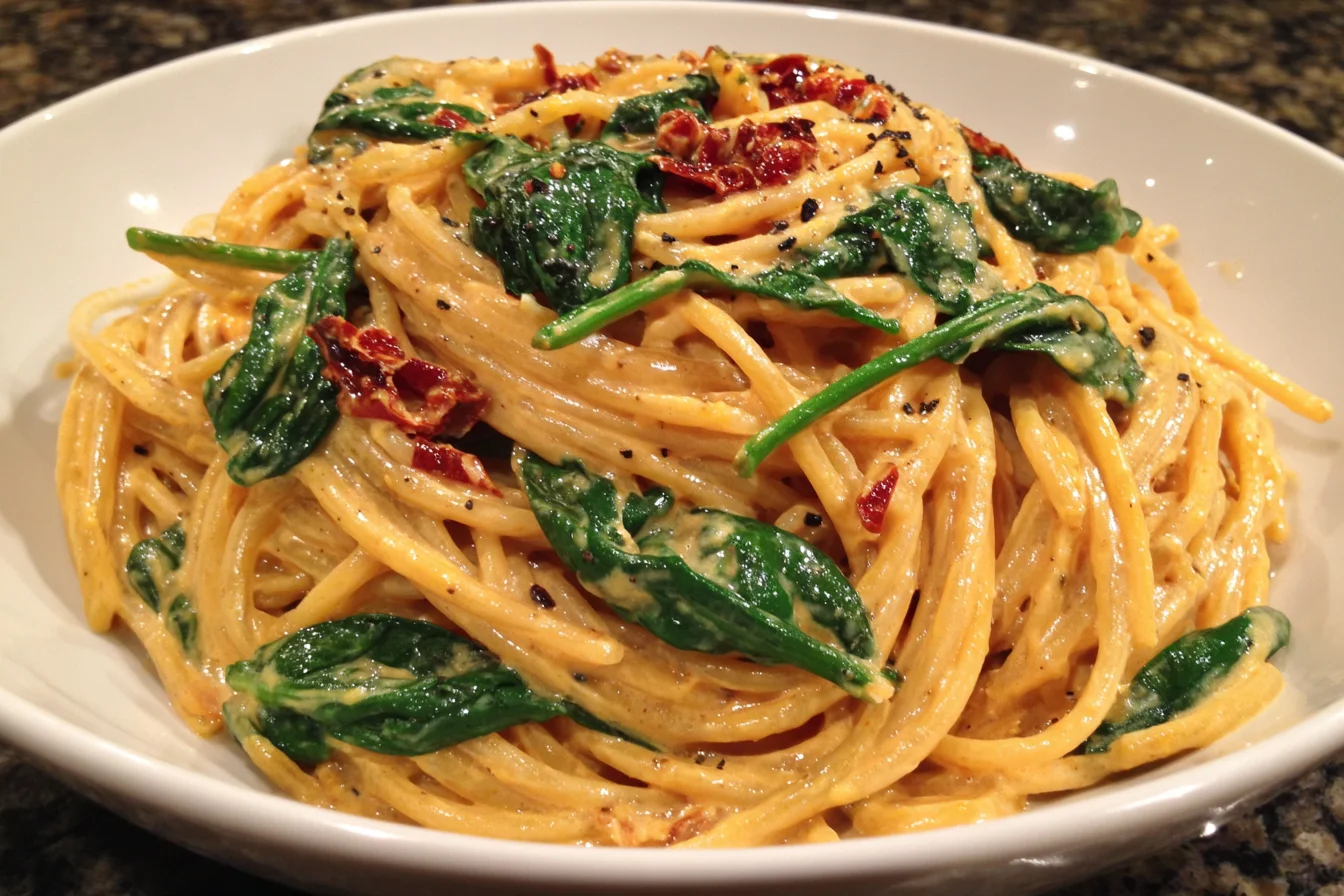 Spaghetti & Spinach with Sun-Dried Tomato Cream Sauce served in a white bowl with creamy parmesan sauce and fresh spinach