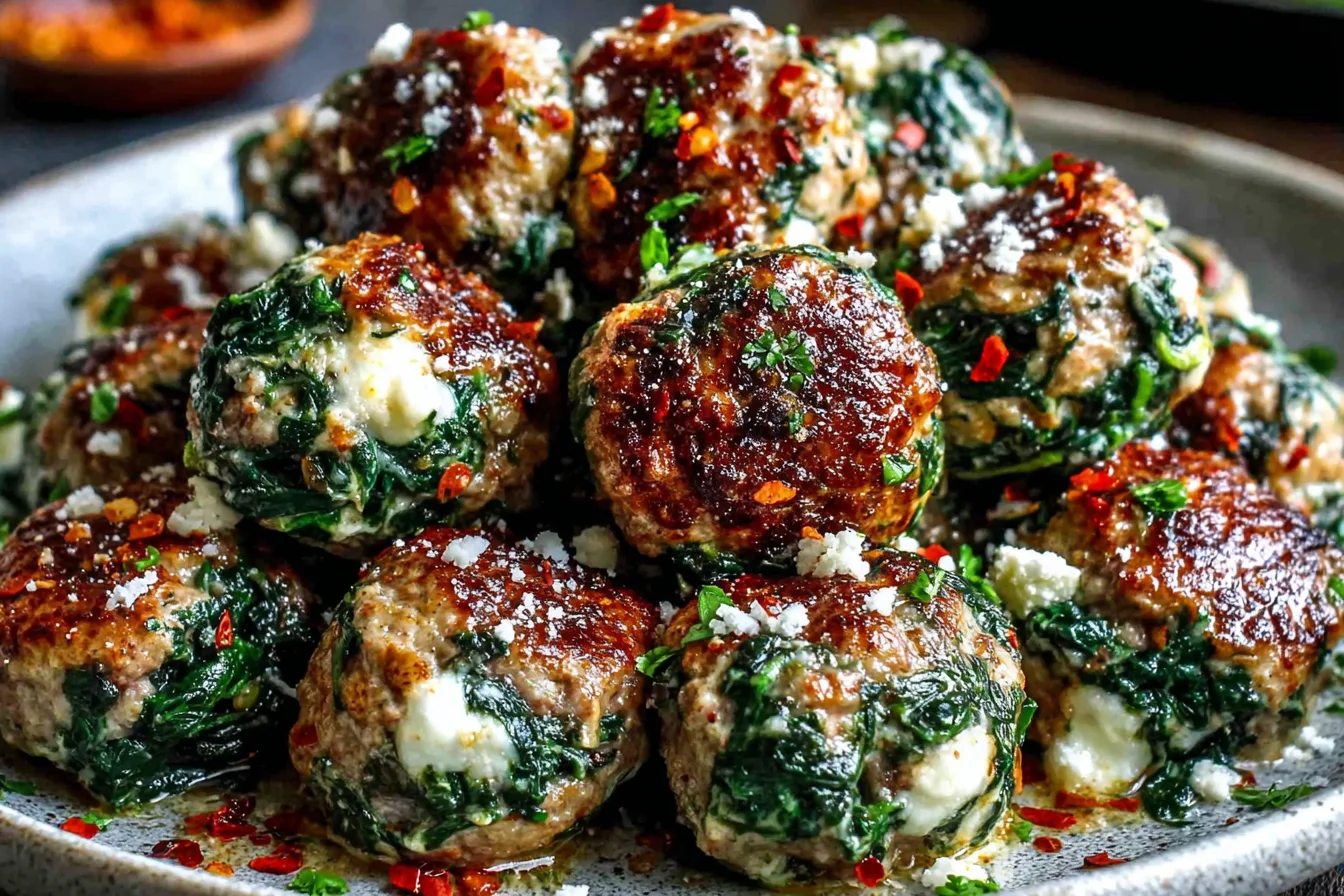 Spinach Garlic Meatballs Recipe served with mozzarella filling and red pepper flakes