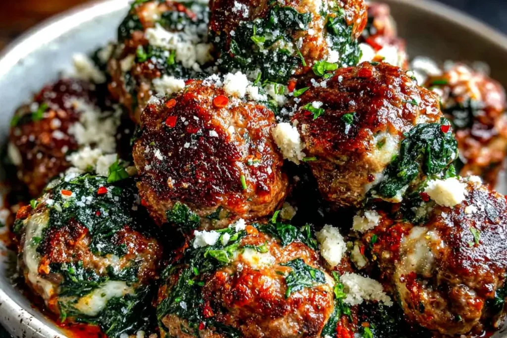 Spinach Garlic Meatballs Recipe with melted mozzarella, parmesan, and herbs