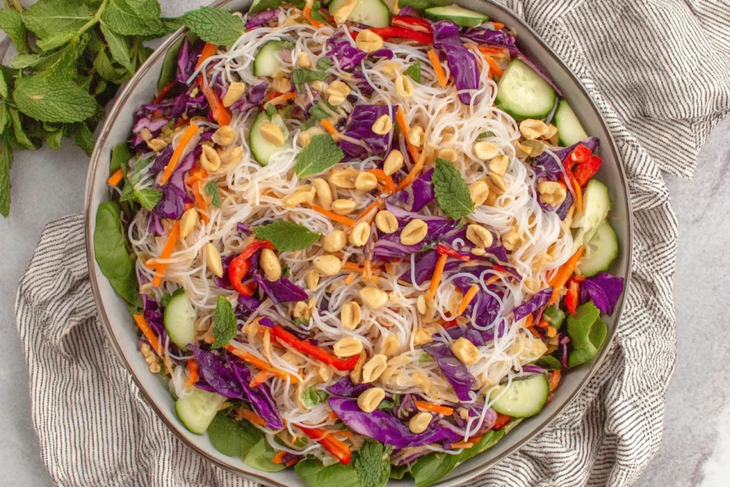 Spring Roll Salad with Peanut Sauce tossed with rice noodles, cabbage, carrots, cucumbers, and peanuts