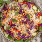 Spring Roll Salad with Peanut Sauce tossed with rice noodles, cabbage, carrots, cucumbers, and peanuts