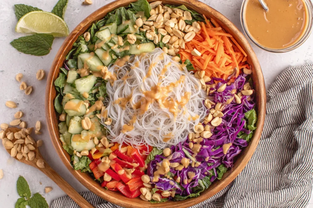 Spring Roll Salad with Peanut Sauce in a vibrant bowl with noodles, fresh vegetables, and crushed peanuts