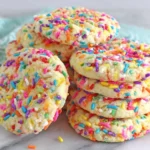 Stack of Sprinkle Cookies with colorful sprinkles on a marble surface