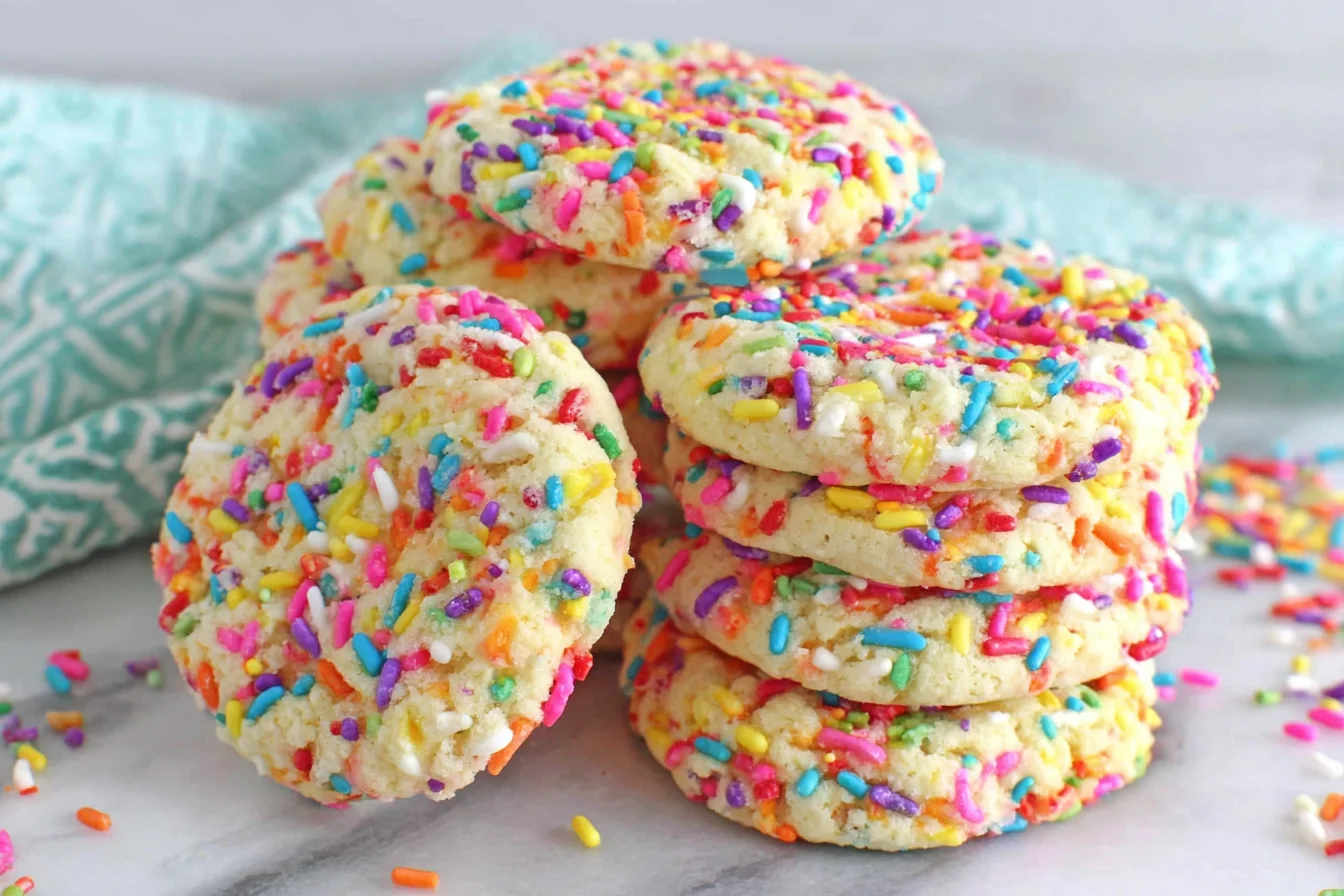Stack of Sprinkle Cookies with colorful sprinkles on a marble surface