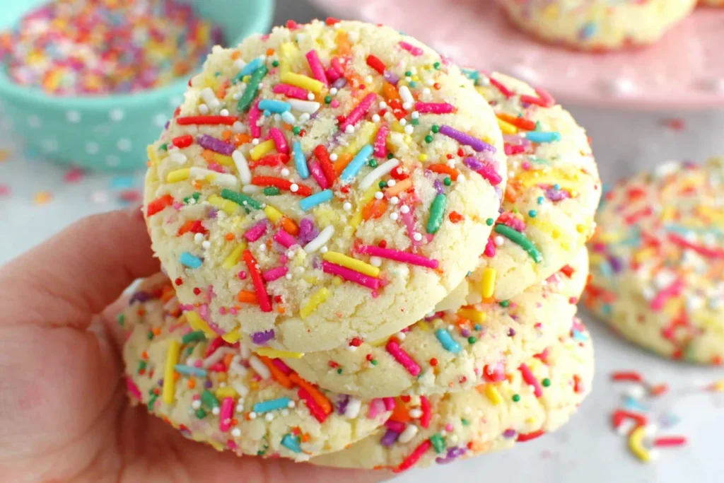 Close-up of Sprinkle Cookies showing chewy texture and rainbow sprinkles