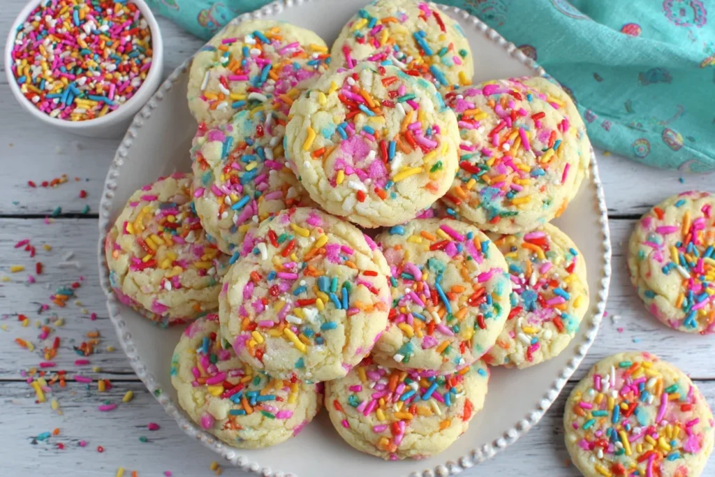 Sprinkle Cookies stacked on a plate with colorful sprinkles and soft texture