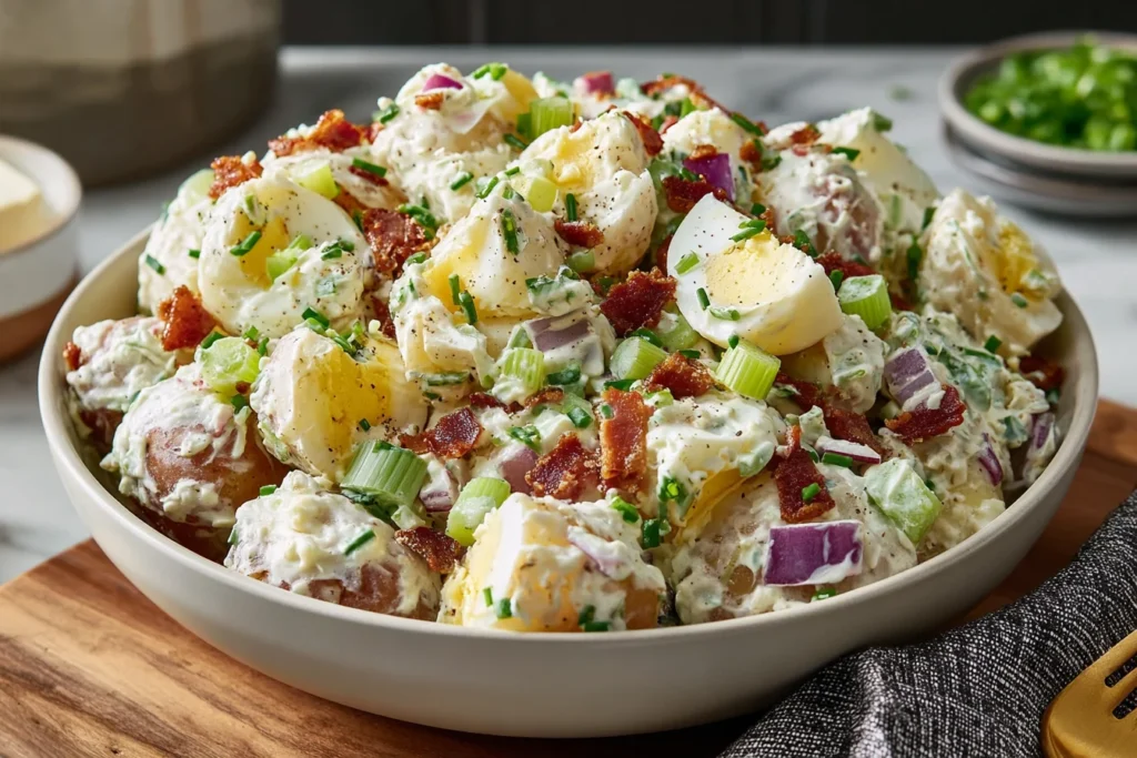 Steakhouse Potato Salad served in bowl with eggs and fresh chives