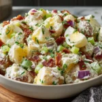 Steakhouse Potato Salad served in bowl with eggs and fresh chives