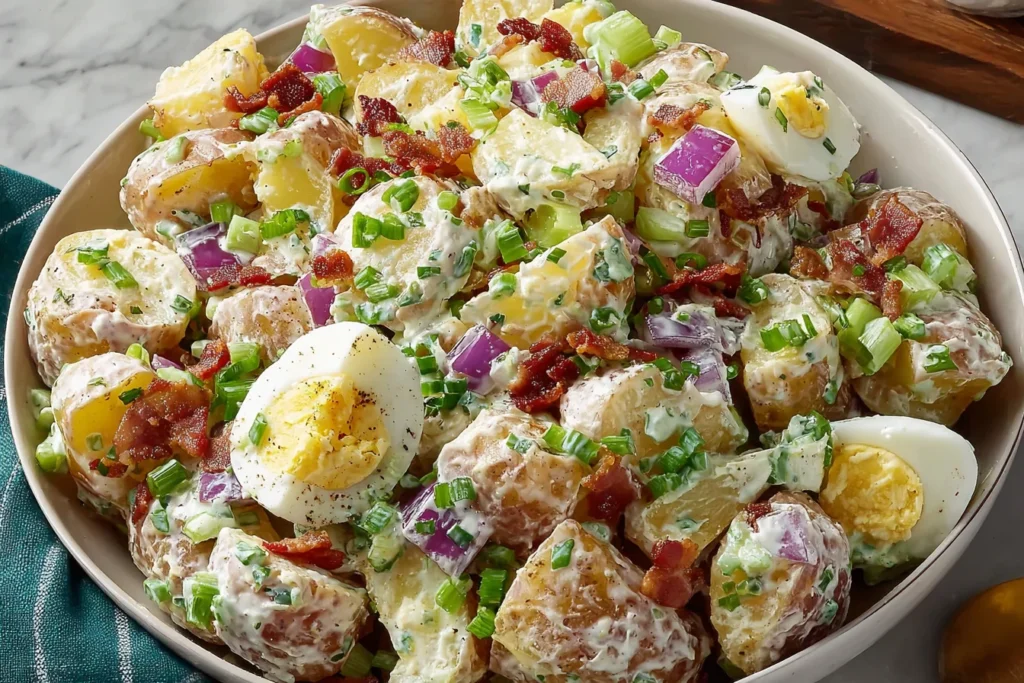 Steakhouse Potato Salad with bacon, eggs, and chives in creamy dressing