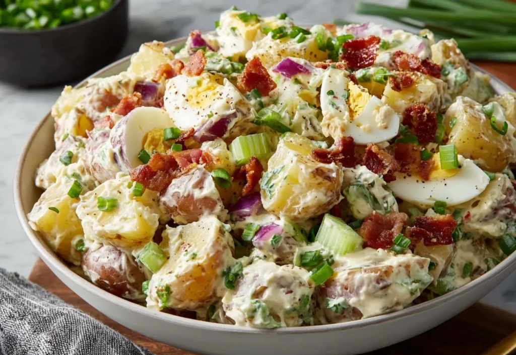 Steakhouse Potato Salad close-up with red onion, celery, and bacon