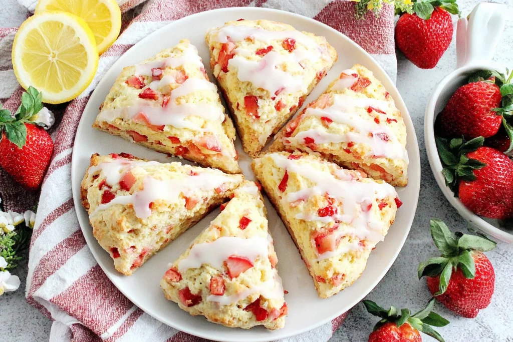 Strawberry Scones arranged on plate with lemon slices and fresh strawberries