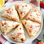 Strawberry Scones arranged on plate with lemon slices and fresh strawberries