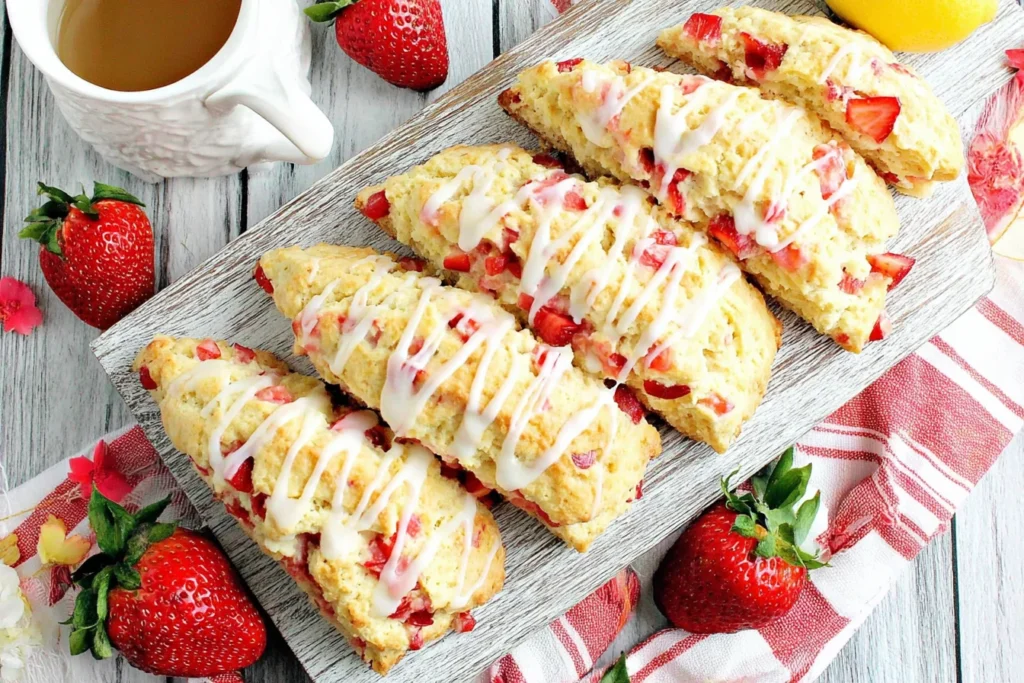 Strawberry Scones with lemon glaze on wooden board topped with fresh strawberries