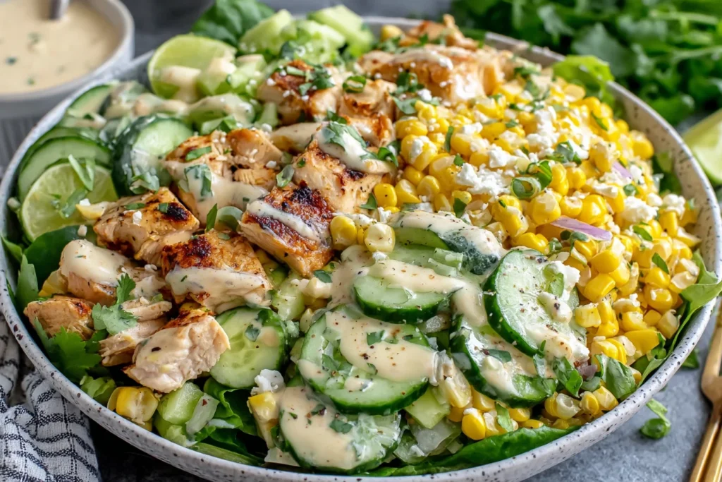 Street Corn Creamy Cucumber Chicken Salad Recipe topped with feta, lime, and fresh herbs
