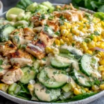 Street Corn Creamy Cucumber Chicken Salad Recipe topped with feta, lime, and fresh herbs