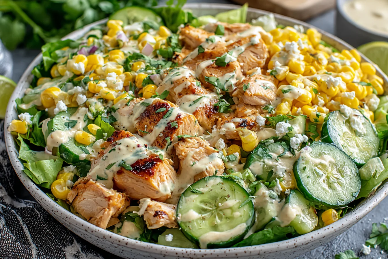 Street Corn Creamy Cucumber Chicken Salad Recipe served in a bowl with creamy dressing and herbs