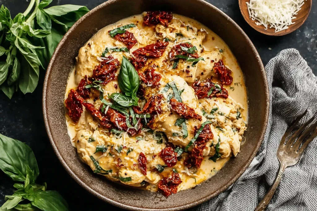 Sun-Dried Tomato Crockpot Chicken in creamy garlic parmesan sauce with fresh basil