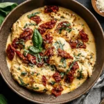 Sun-Dried Tomato Crockpot Chicken in creamy garlic parmesan sauce with fresh basil