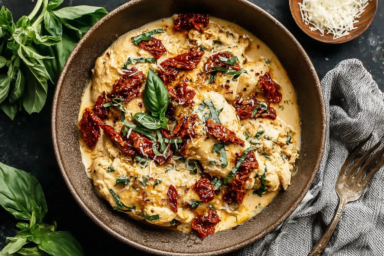 Sun-Dried Tomato Crockpot Chicken in creamy garlic parmesan sauce with fresh basil