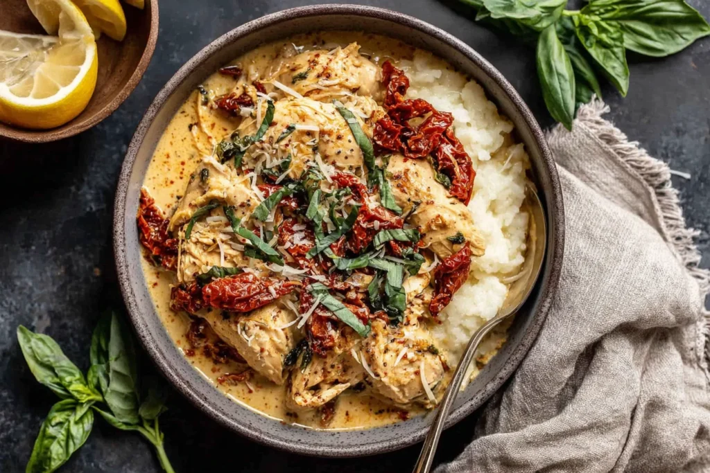 Sun-Dried Tomato Crockpot Chicken served over creamy mashed potatoes with basil and parmesan