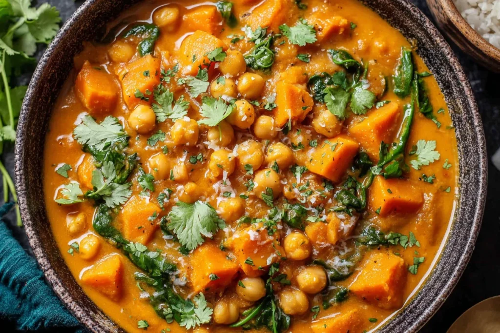 Sweet Potato and Chickpea Curry garnished with cilantro and coconut cream