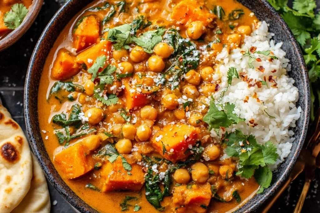 Sweet Potato and Chickpea Curry with rice, naan bread, and fresh herbs