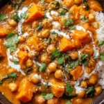Sweet Potato and Chickpea Curry served with rice, spinach, and creamy coconut sauce