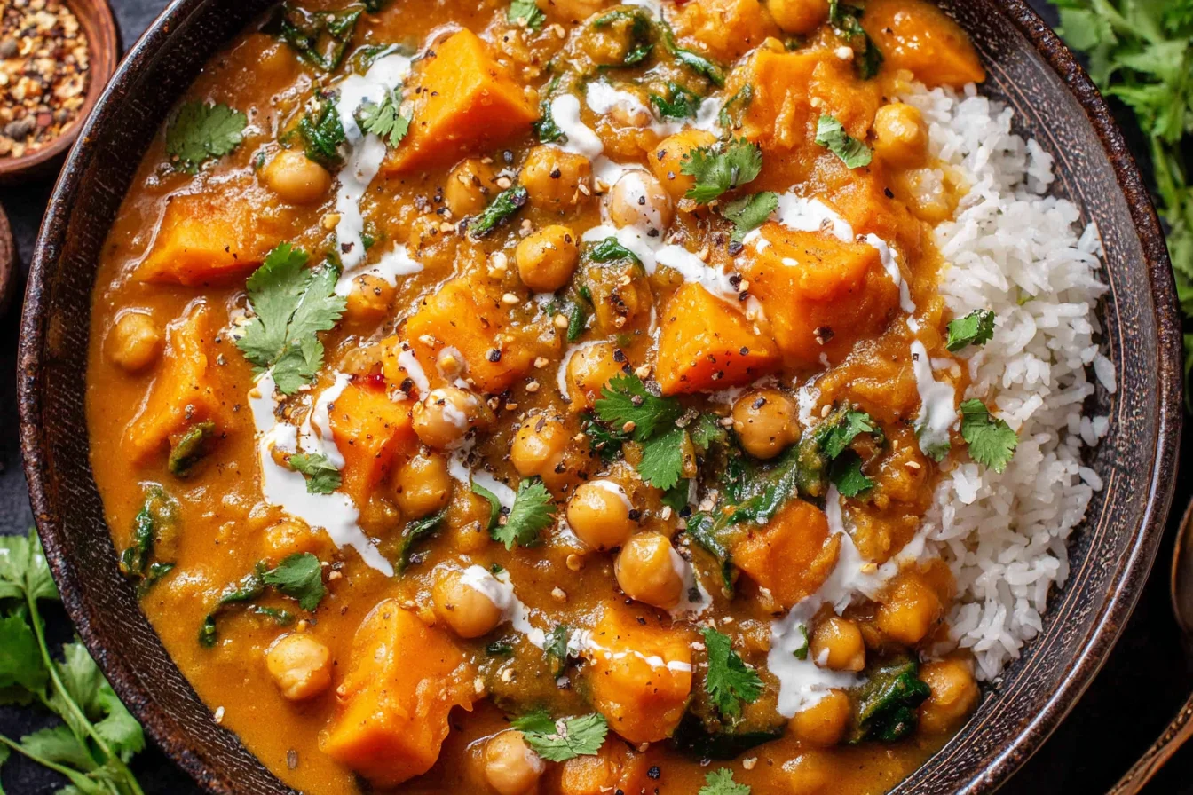 Sweet Potato and Chickpea Curry served with rice, spinach, and creamy coconut sauce