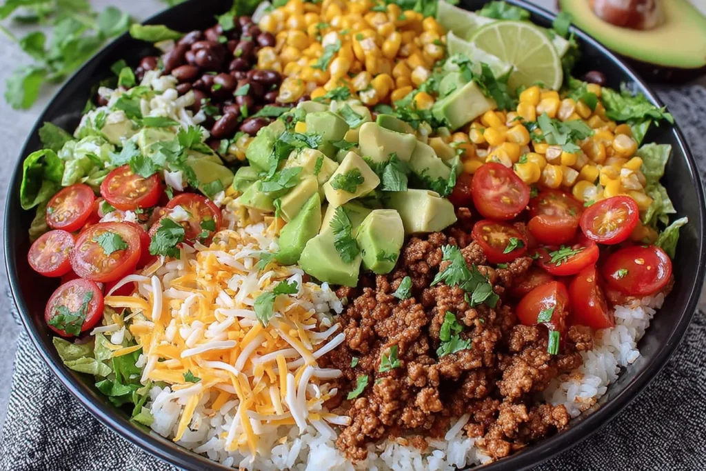 Taco Rice Bowl with ground beef, cherry tomatoes, corn, avocado chunks, shredded cheese, and rice
