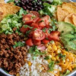 Taco Rice Bowl topped with tortilla chips, black beans, avocado, lettuce, and seasoned beef