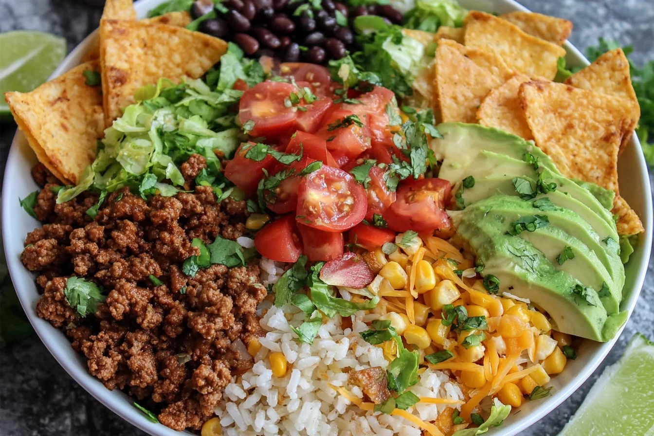 Taco Rice Bowl topped with tortilla chips, black beans, avocado, lettuce, and seasoned beef