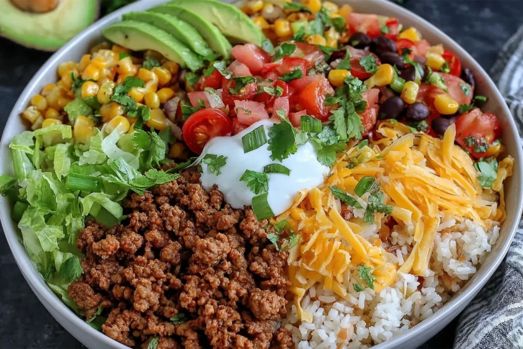 Taco Rice Bowl with seasoned ground beef, avocado slices, corn, tomatoes, cheese, and sour cream