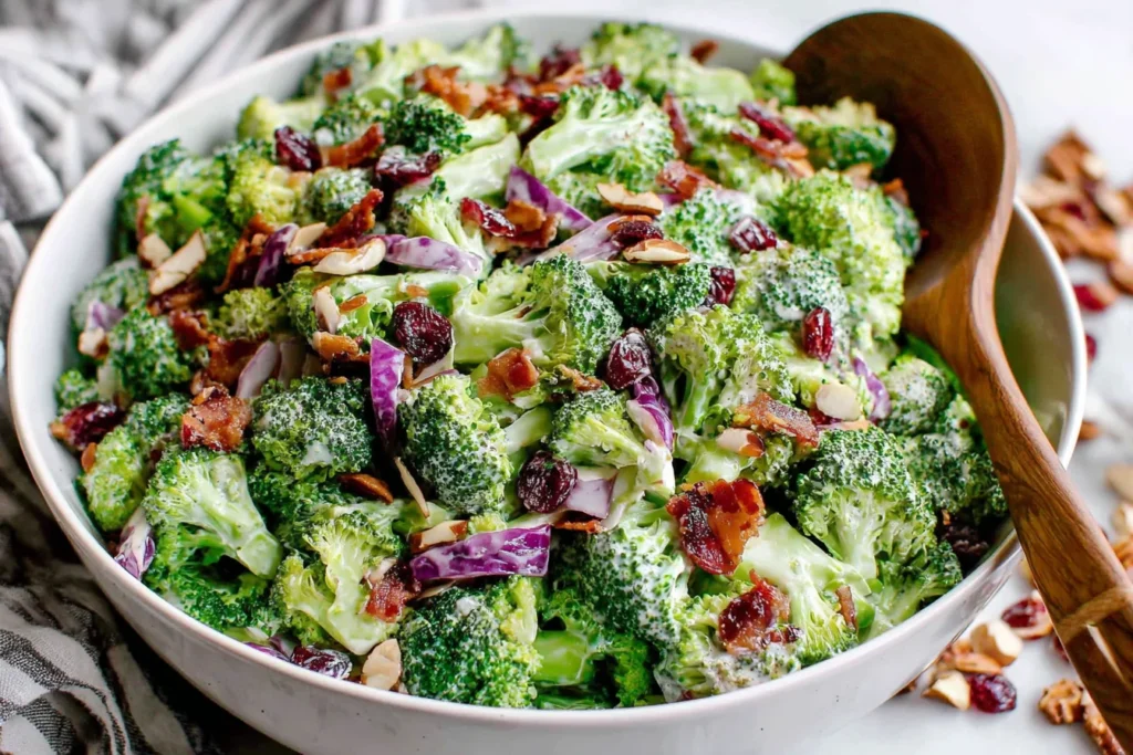 The Best Broccoli Salad served in a bowl with bacon cranberries and almonds
