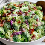 The Best Broccoli Salad served in a bowl with bacon cranberries and almonds