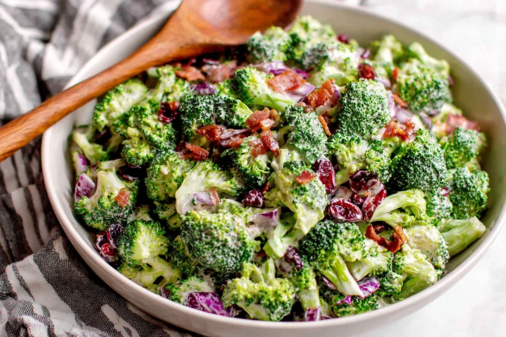 The Best Broccoli Salad freshly mixed with bacon cranberries and red onions