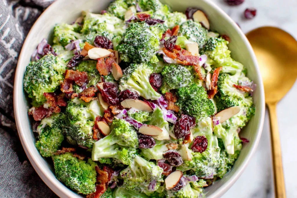 The Best Broccoli Salad with bacon cranberries and almonds in creamy dressing