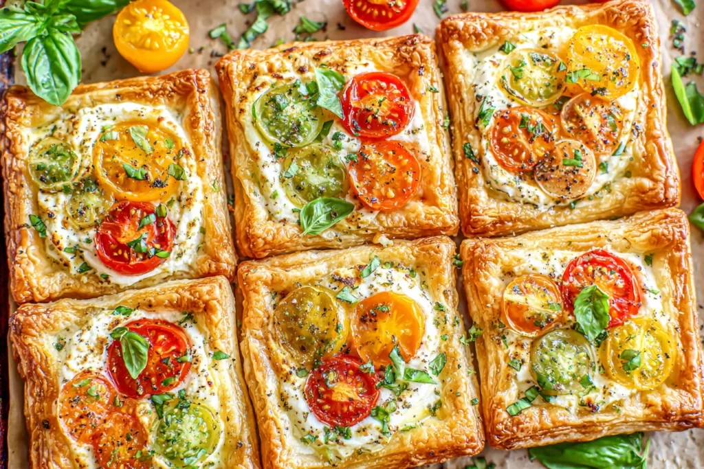Homemade Tomato Tartlets with Puff Pastry garnished with herbs and colorful tomato slices